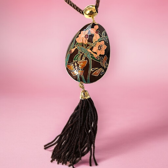 Vtg Cloisonne‎ Tassel Butterfly Necklace 70s Pendant Woven Cord Brown Dual Sided - Picture 12 of 16